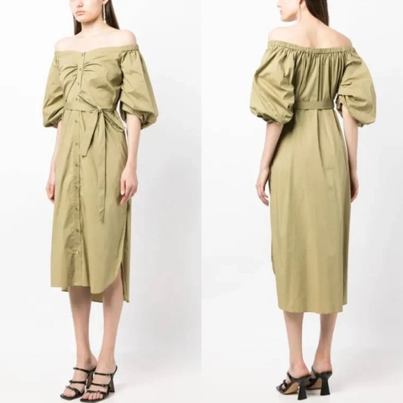 STAUD Dresses & Skirts - STAUD Reese Dress Khaki Puff Sleeve Midi Cotton Size XS Capsule Minimalist NEW